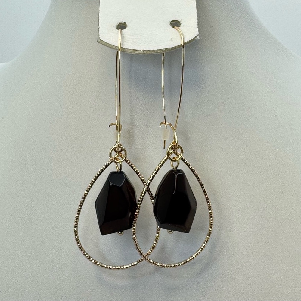 Gold Tone Teardrop Hoop Earrings Brown Faceted Lucite Dangle Modern Chic